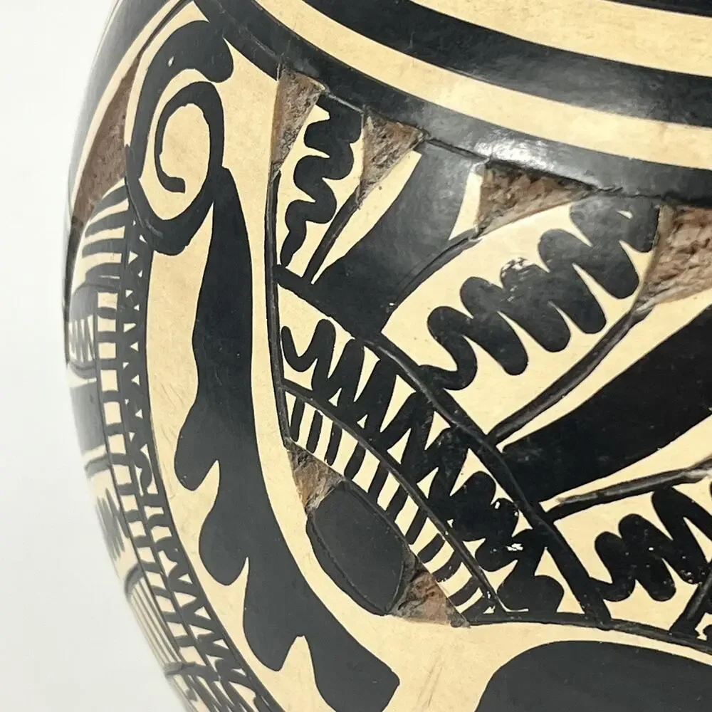 Vintage Sgraffito Pottery Lidded Jar Hand Carved Unique Handmade Black Tan Decor